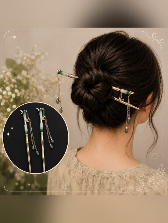 Accessories - Bamboo Hair Sticks Green Bead Tassels